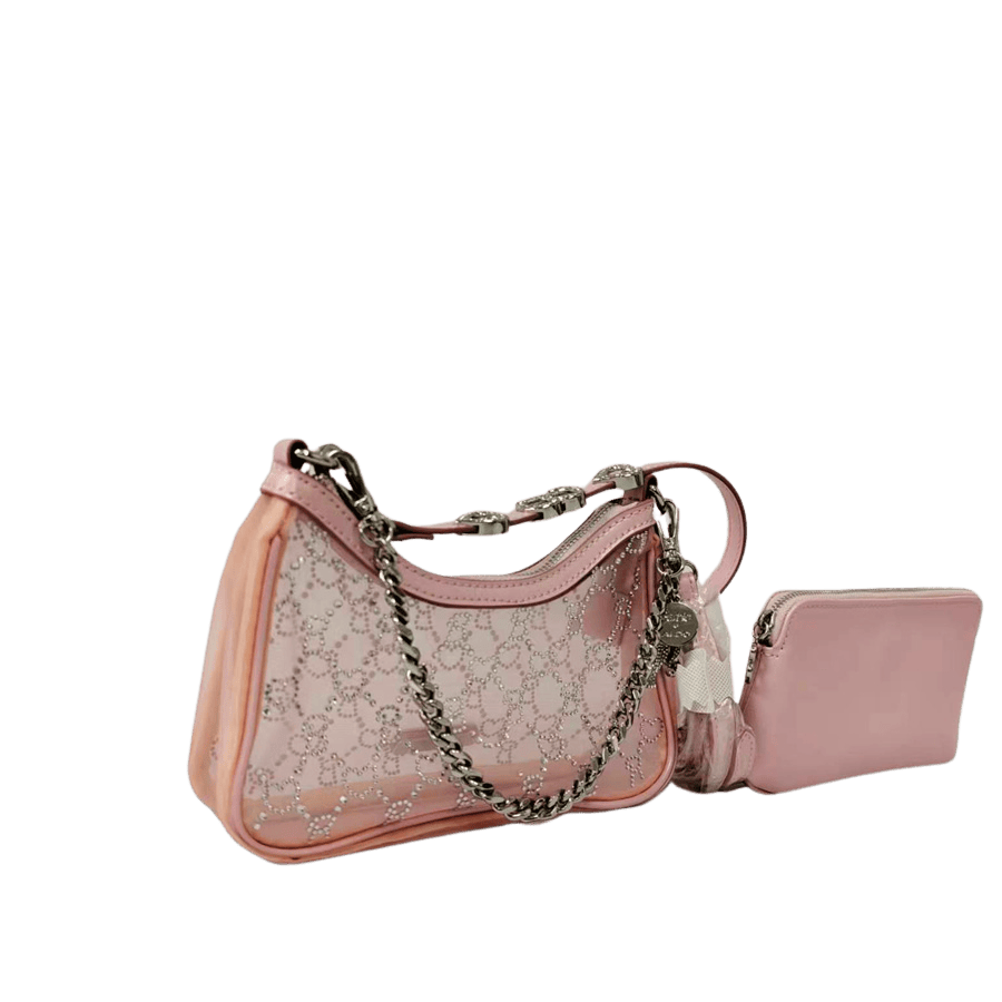 Pink ladies handbag with gold prints and detachable pouch bag