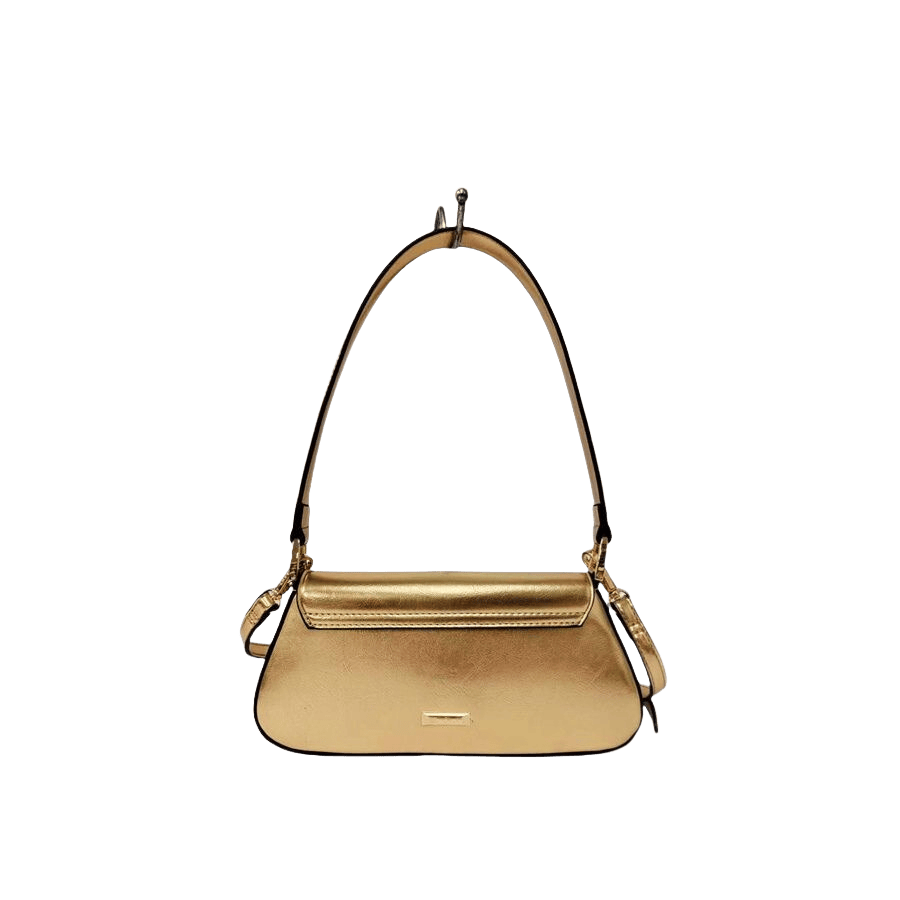 Gold ladies handbag with decorative hardware on the flap and magnetic snap closure