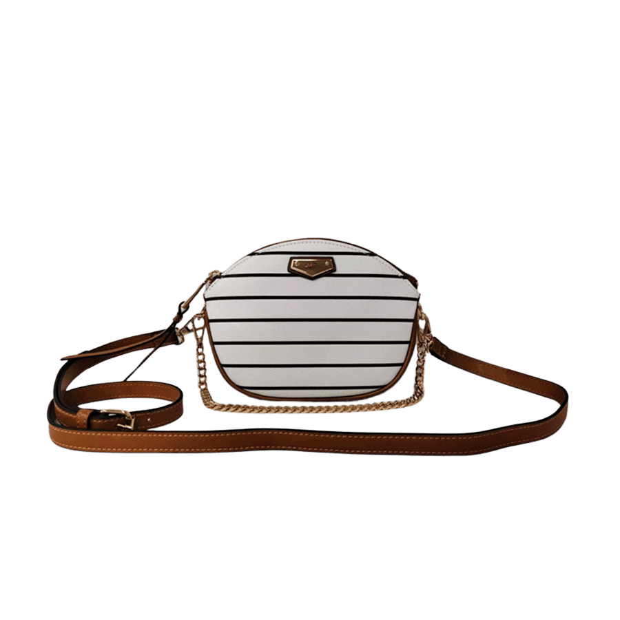 Stripe printing ladies crossbody bag with brown trim PU and decorative metal plate