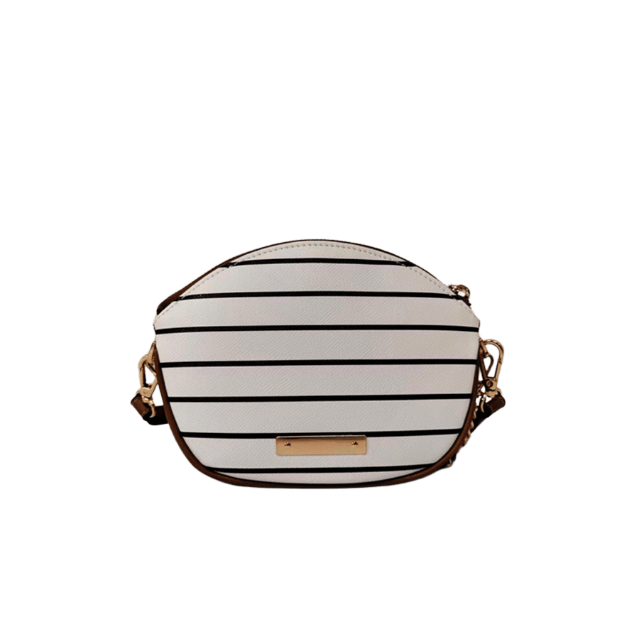 Stripe printing ladies crossbody bag with brown trim PU and decorative metal plate