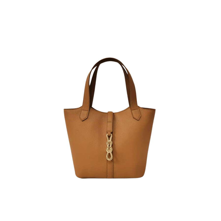 Camel ladies handbag with decorative chain and decorative metal plate on the back panel