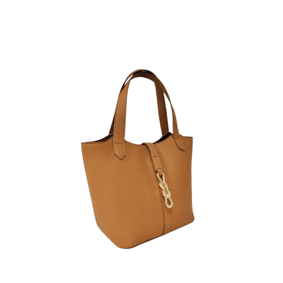Camel ladies handbag with decorative chain and decorative metal plate on the back panel