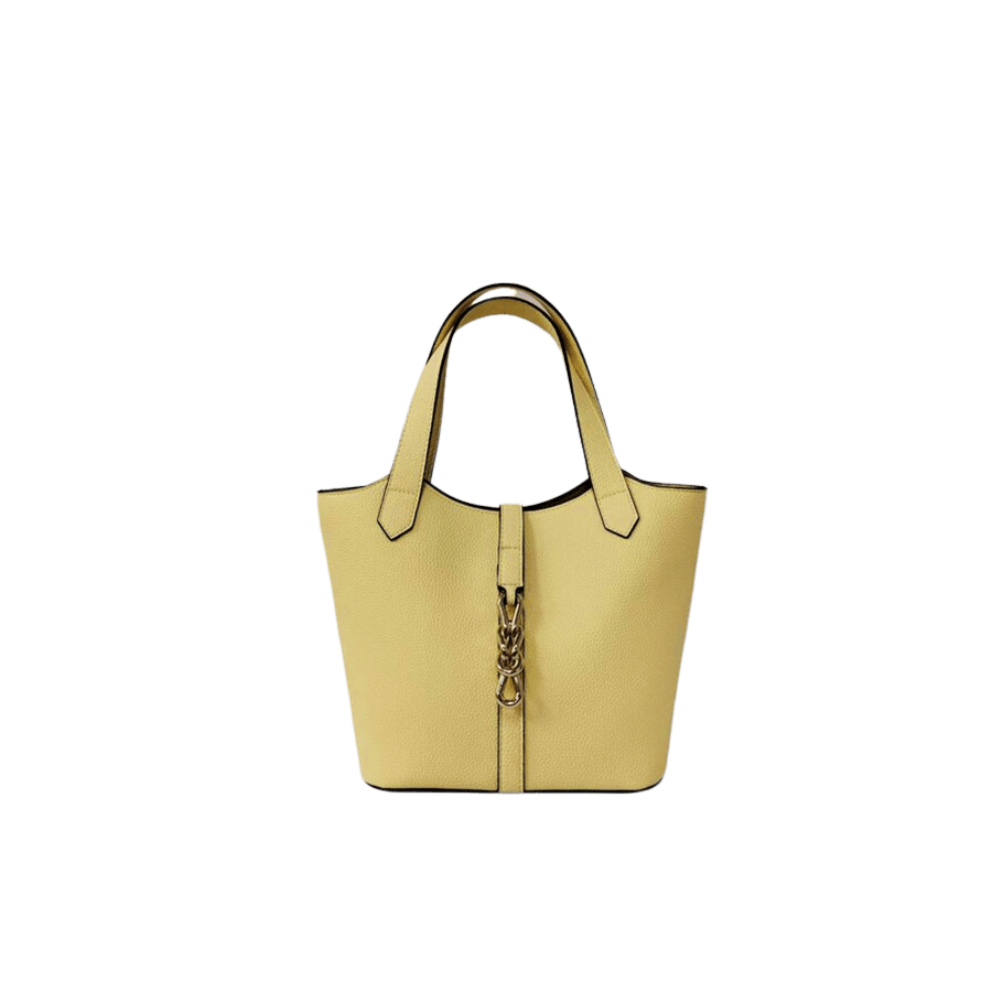 Camel ladies handbag with decorative chain and decorative metal plate on the back panel