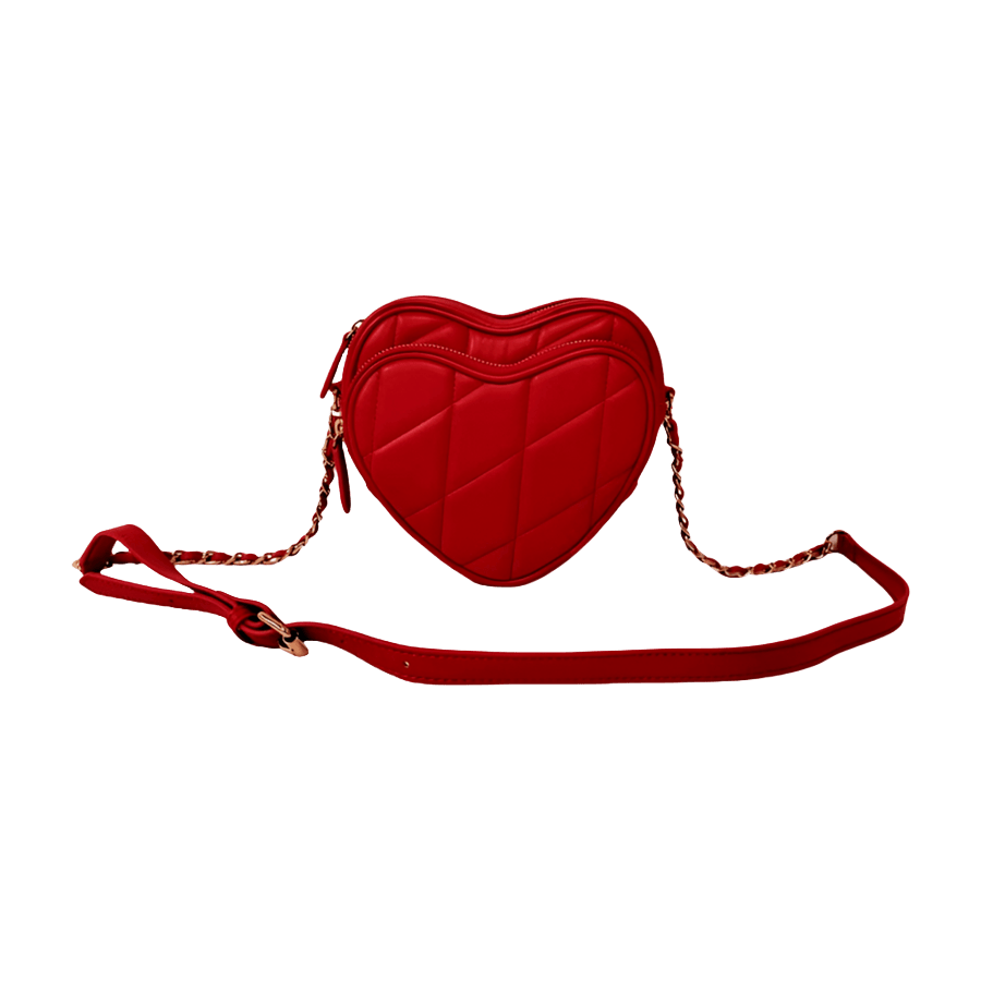 Red heart-shaped ladies handbag with front zip pocket and piping around the body