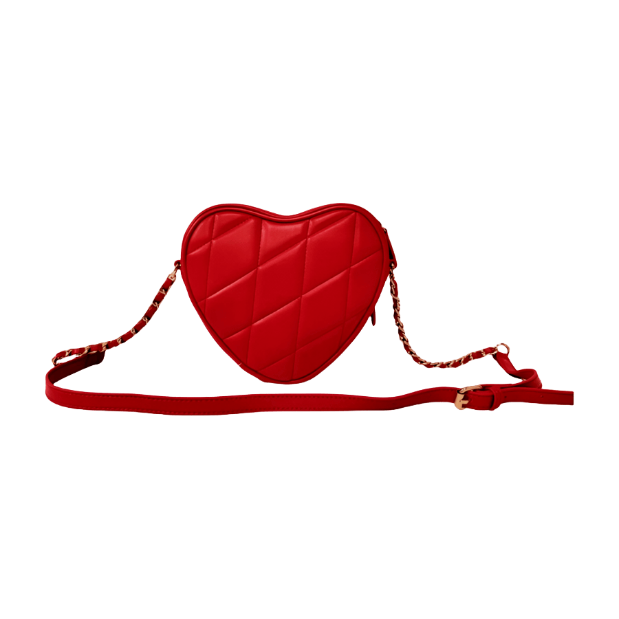 Red heart-shaped ladies handbag with front zip pocket and piping around the body