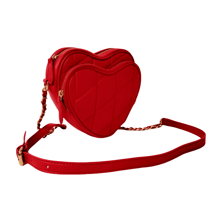 Red heart-shaped ladies handbag with front zip pocket and piping around the body