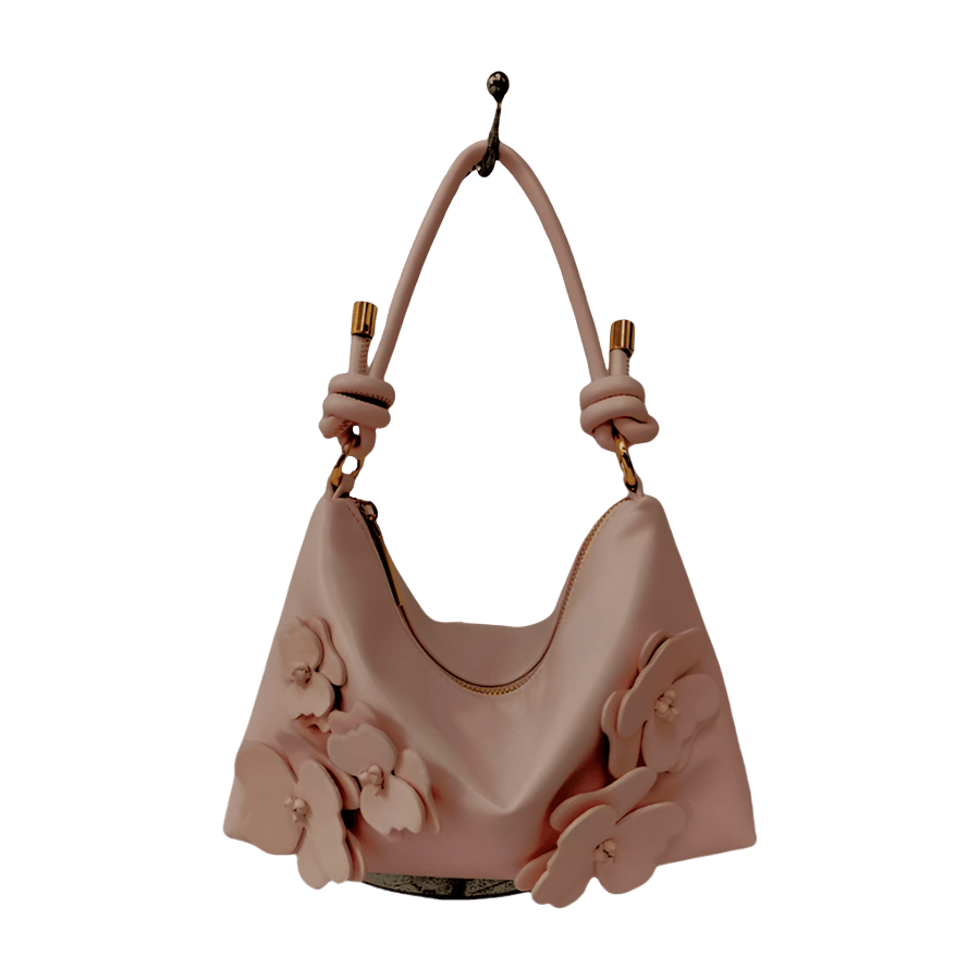 Grey ladies hobo bag with decorative flowers and knotted handle