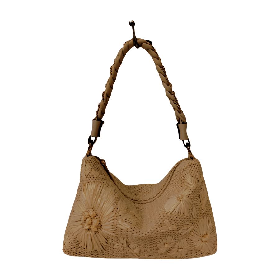Beige straw ladies hobo bag with flowers and matching trim PU