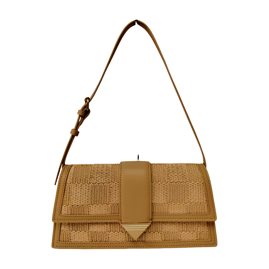 Beige straw ladies handbag with matching trim PU and decorative triangle hardware on the flap