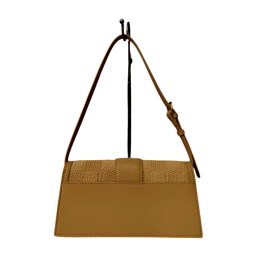 Beige straw ladies handbag with matching trim PU and decorative triangle hardware on the flap