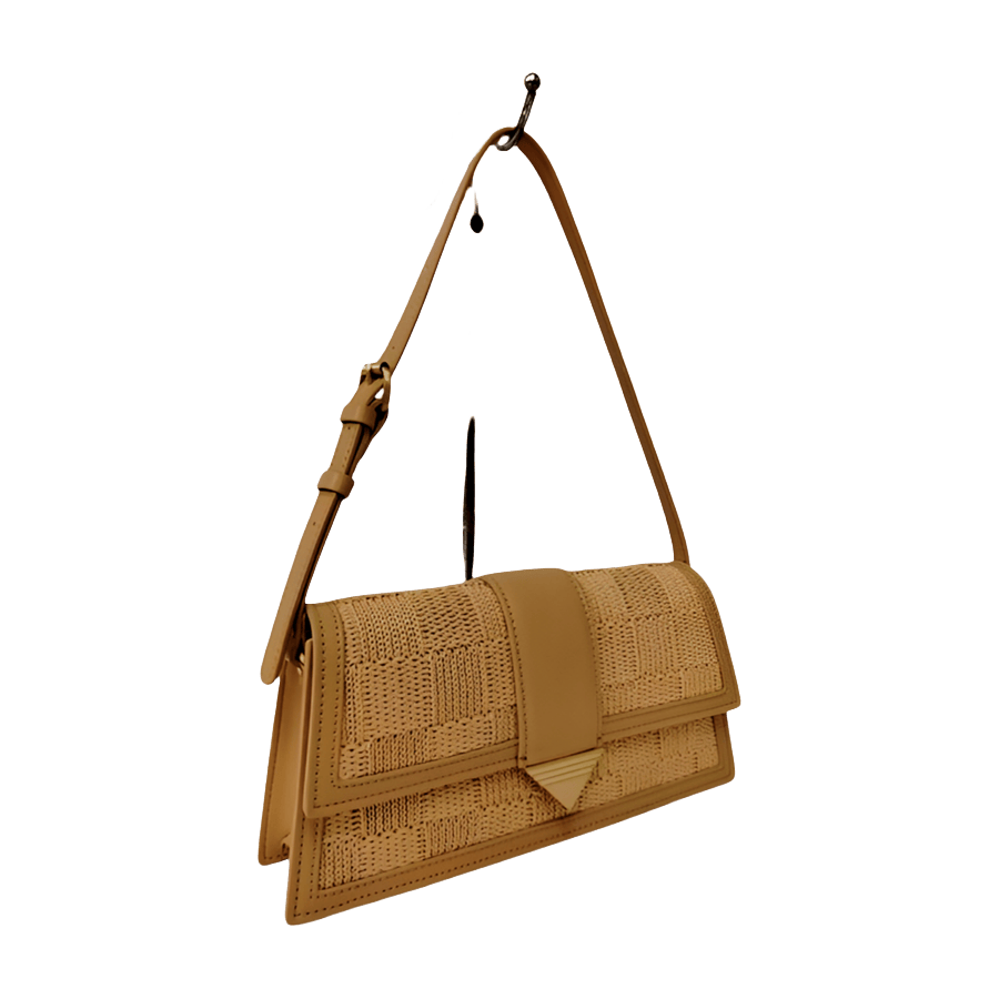 Beige straw ladies handbag with matching trim PU and decorative triangle hardware on the flap
