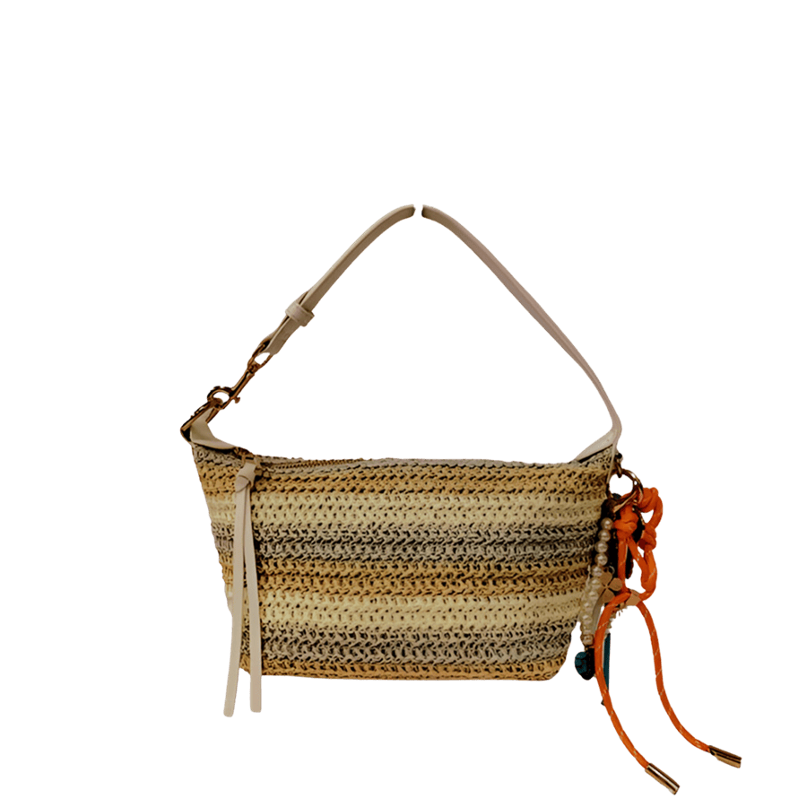 Straw ladies handbag with trim PU and detachable string hangtag
