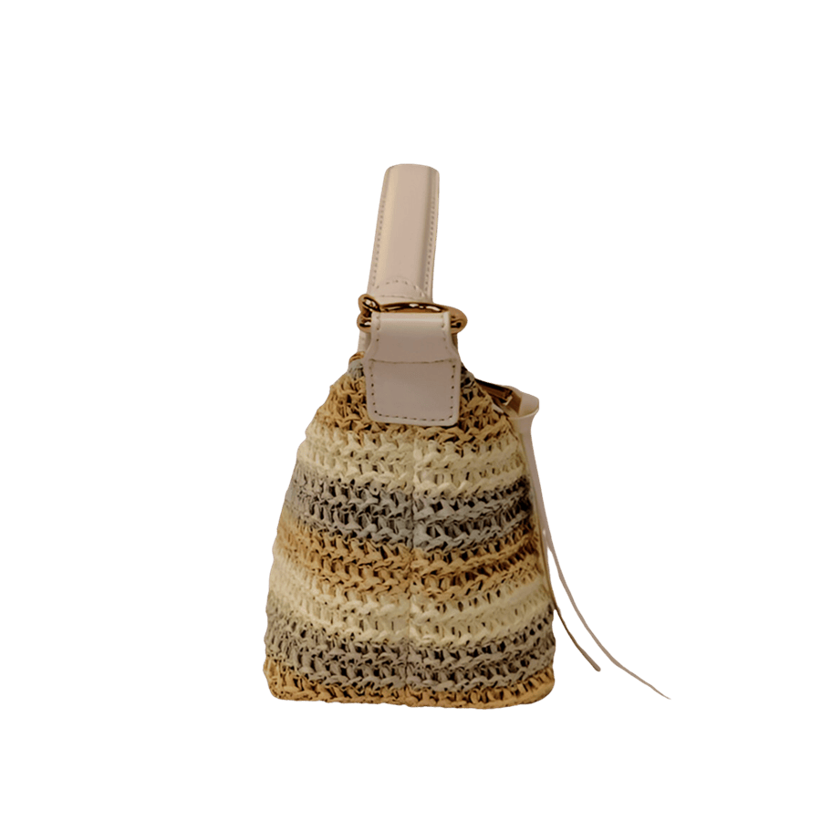 Straw ladies handbag with trim PU and detachable string hangtag
