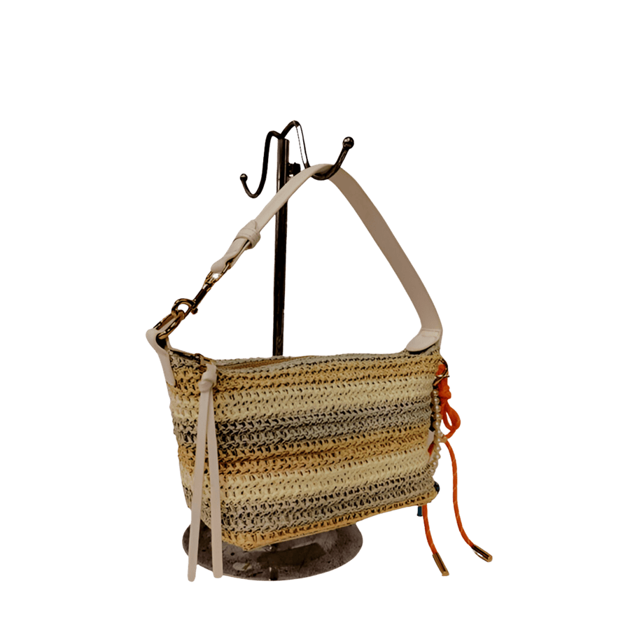 Straw ladies handbag with trim PU and detachable string hangtag