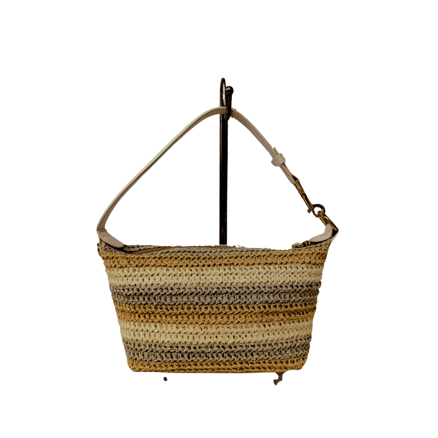 Straw ladies handbag with trim PU and detachable string hangtag