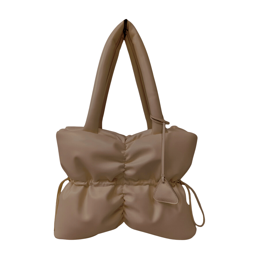 Grey quilting puffy ladies tote bag with detachable PU hangtag and middle string closure