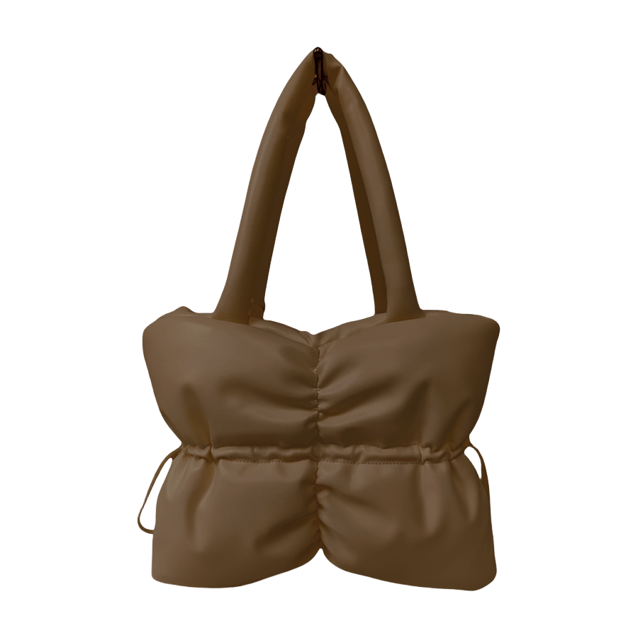 Grey quilting puffy ladies tote bag with detachable PU hangtag and middle string closure