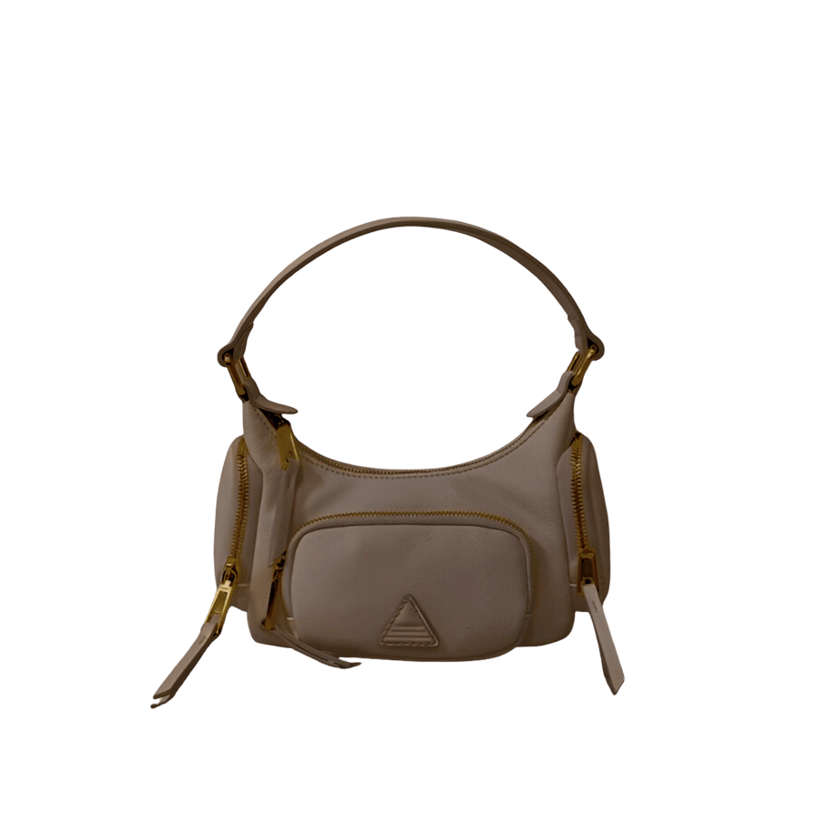 Grey ladies handbag with front &side zip pocket and triangle PU patch
