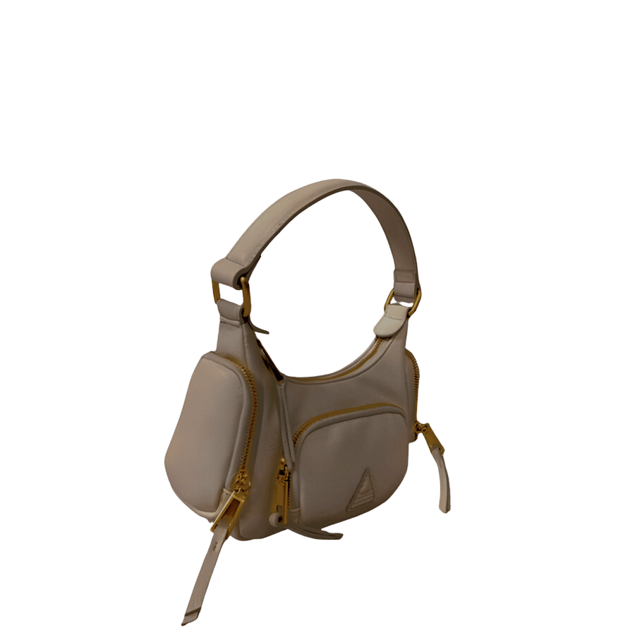 Grey ladies handbag with front &side zip pocket and triangle PU patch