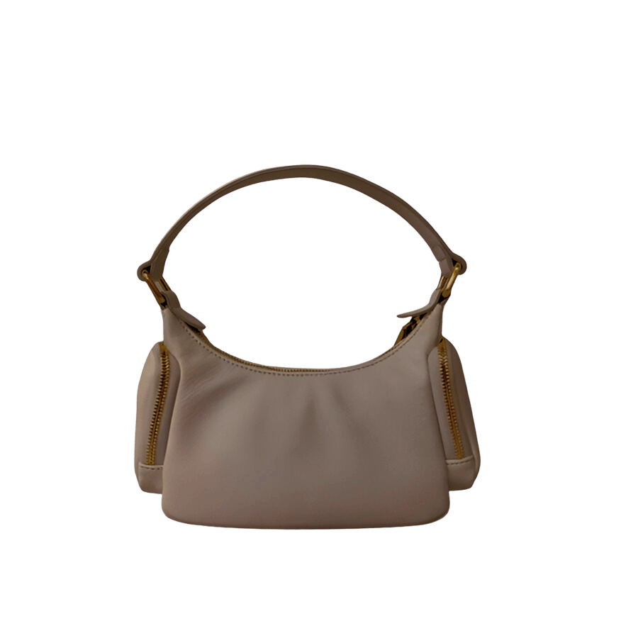 Grey ladies handbag with front &side zip pocket and triangle PU patch