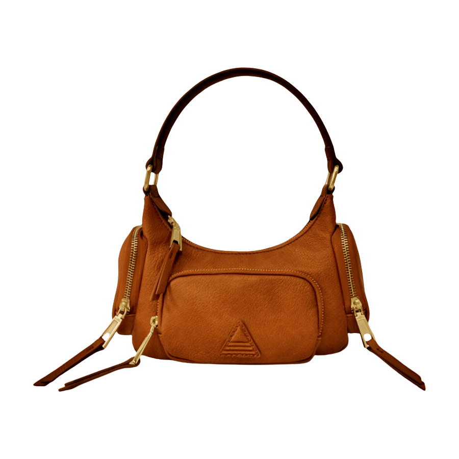 Grey ladies handbag with front &side zip pocket and triangle PU patch