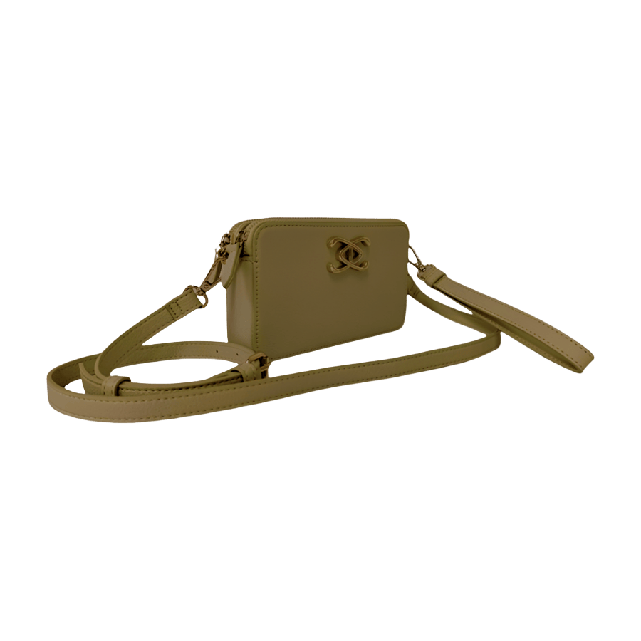 Green ladies crossbody bag with decorative hardware and wrist handle