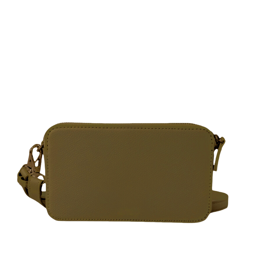Green ladies crossbody bag with decorative hardware and wrist handle