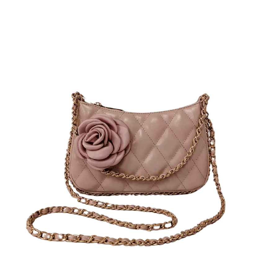 Pink quilting ladies crossbody bag with pink trim PU and decorative flower