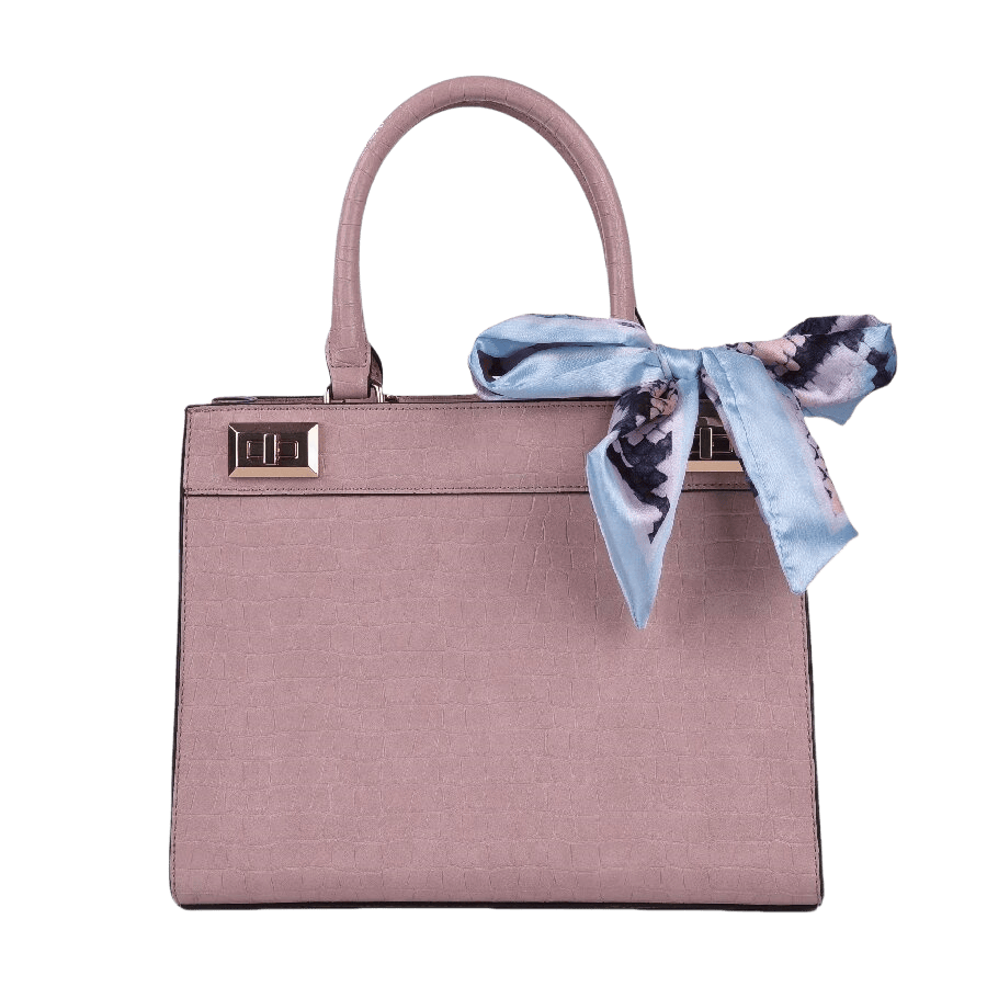 Pink handbag with decorative scarves and lock