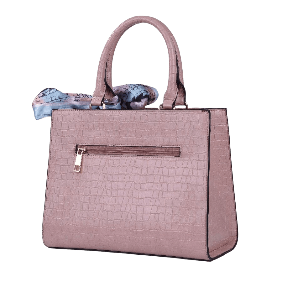 Pink handbag with decorative scarves and lock