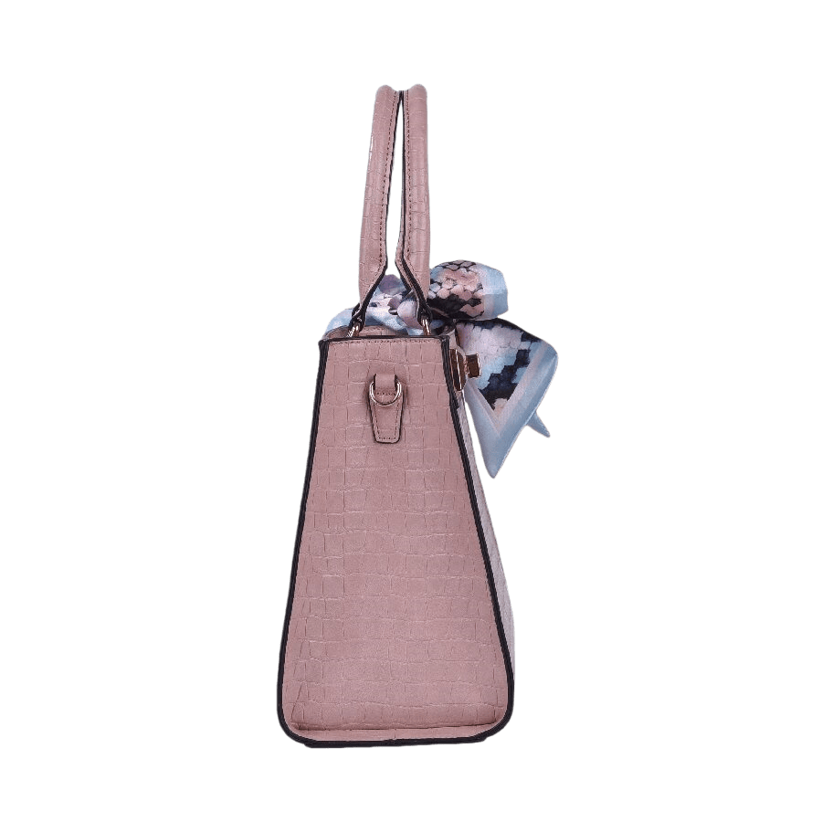 Pink handbag with decorative scarves and lock