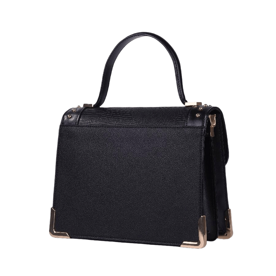 Black ladies handbag with decorative hardware and metal corner