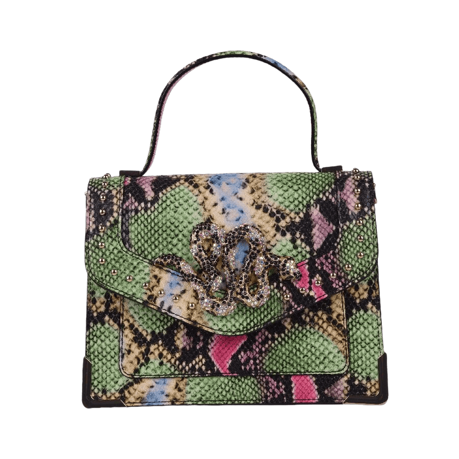 Black ladies handbag with decorative hardware and metal corner
