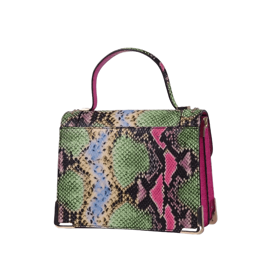 Black ladies handbag with decorative hardware and metal corner