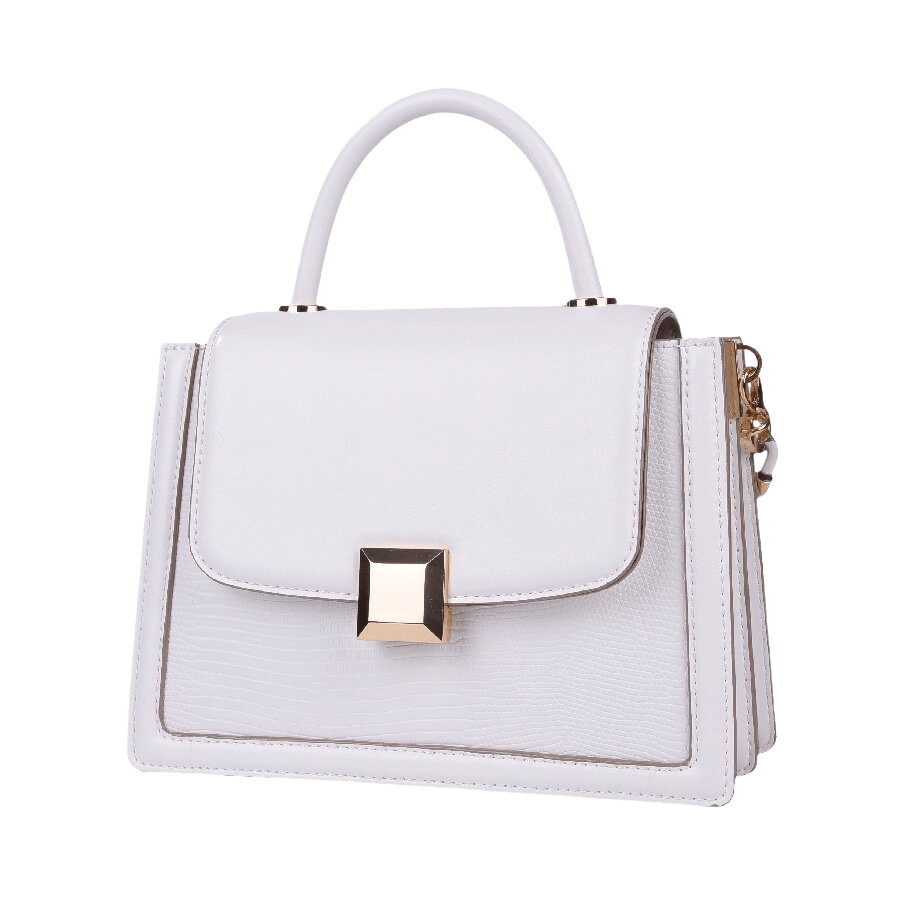 Black ladies handbag with decorative hardware on the flap and detachable chain+plastic handle