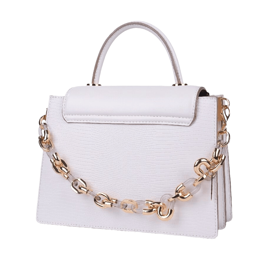 Black ladies handbag with decorative hardware on the flap and detachable chain+plastic handle