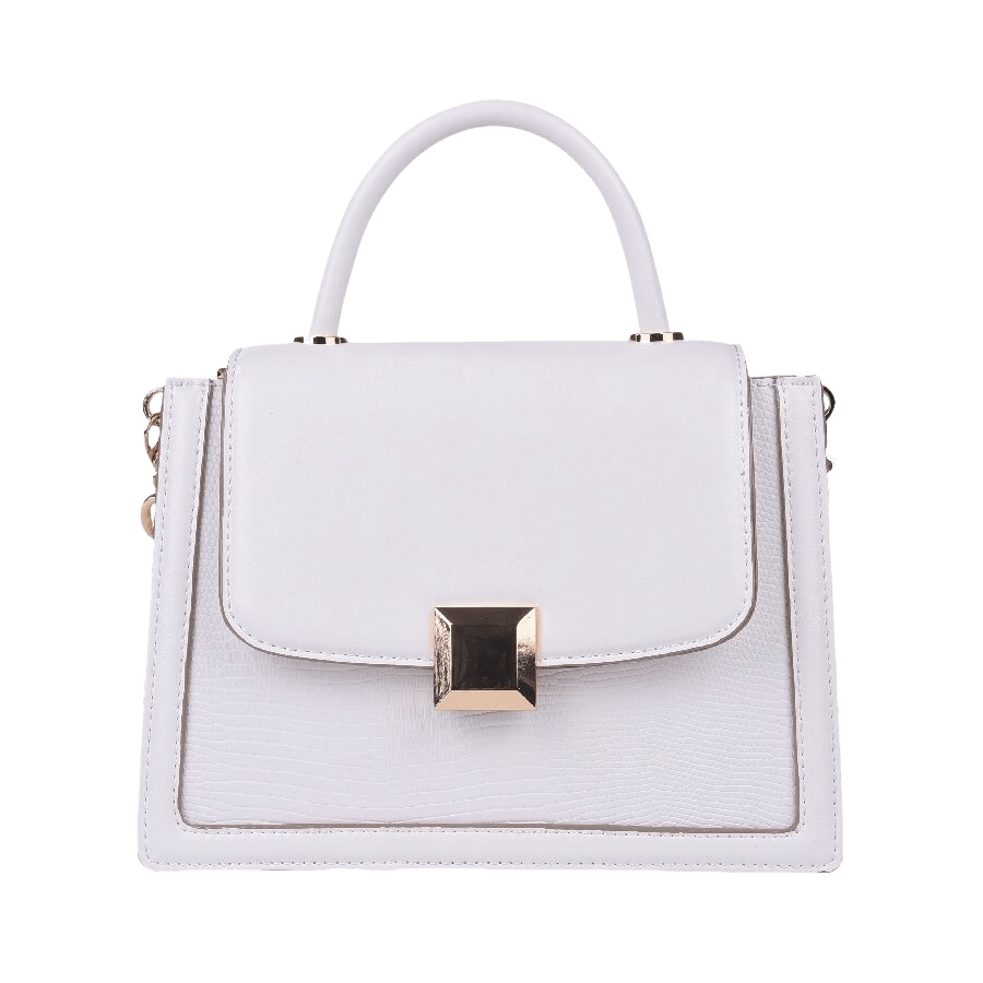 Black ladies handbag with decorative hardware on the flap and detachable chain+plastic handle