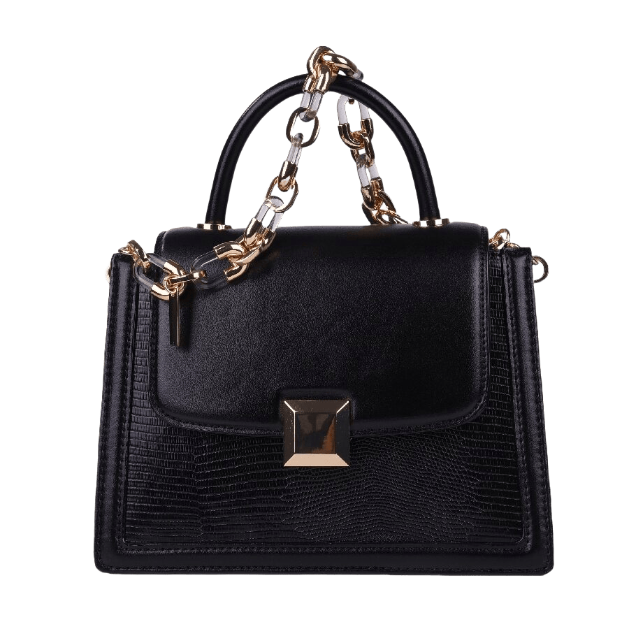 Black ladies handbag with decorative hardware on the flap and detachable chain+plastic handle