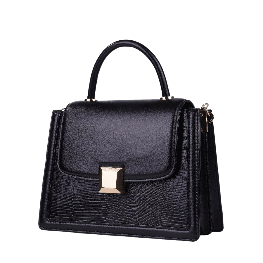 Black ladies handbag with decorative hardware on the flap and detachable chain+plastic handle