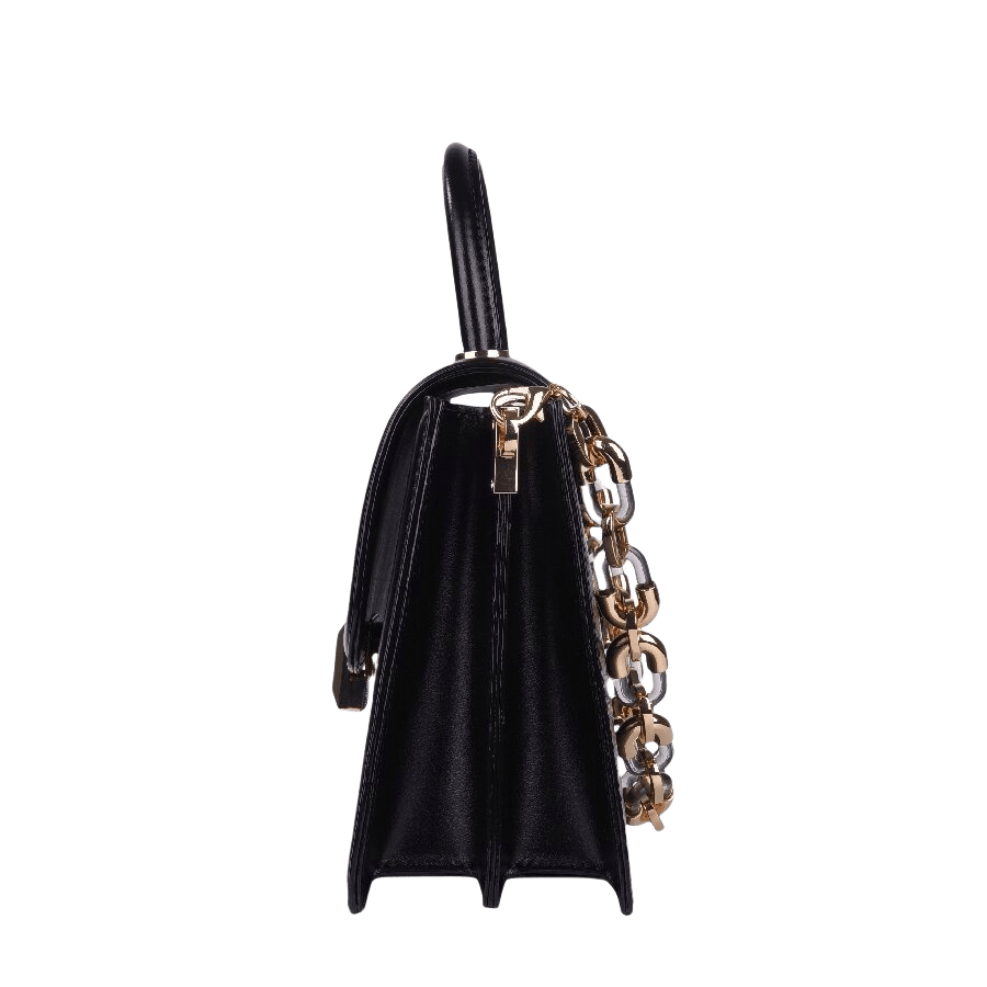 Black ladies handbag with decorative hardware on the flap and detachable chain+plastic handle
