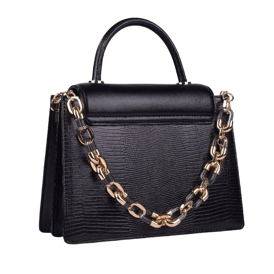 Black ladies handbag with decorative hardware on the flap and detachable chain+plastic handle