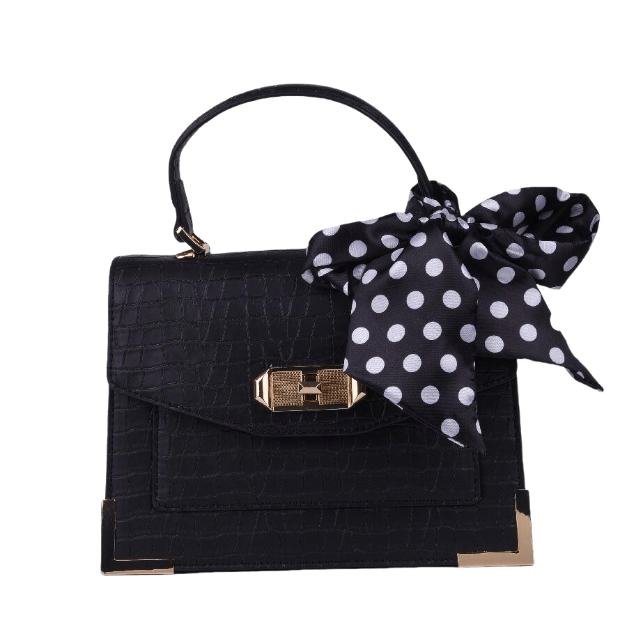 Black ladies handbag with decorative scarf and lock closure