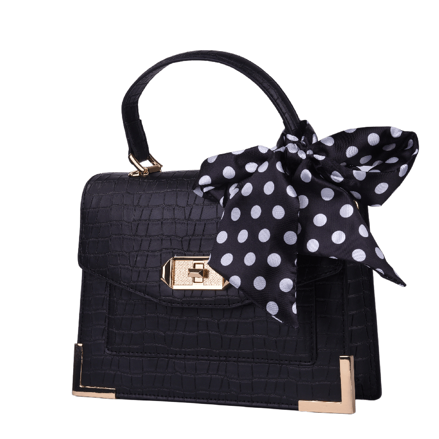 Black ladies handbag with decorative scarf and lock closure