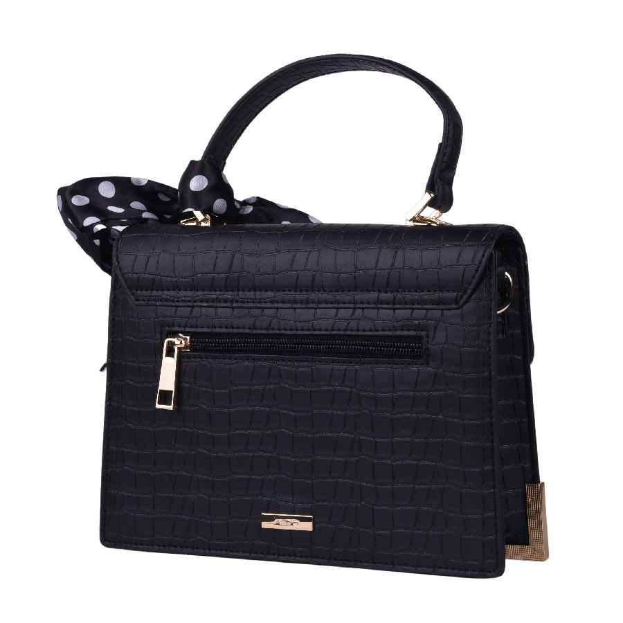 Black ladies handbag with decorative scarf and lock closure