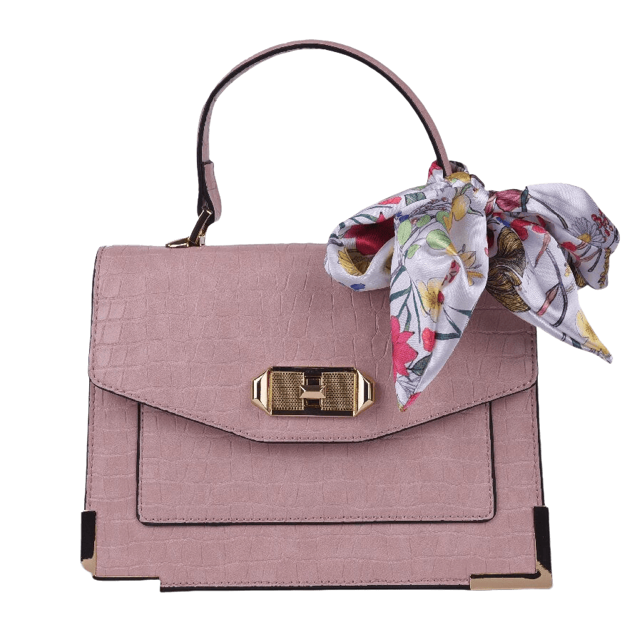 Black ladies handbag with decorative scarf and lock closure