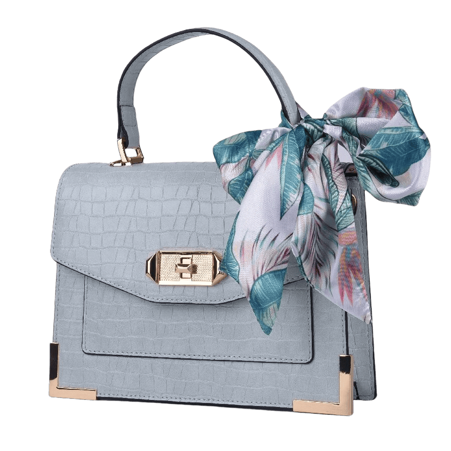 Black ladies handbag with decorative scarf and lock closure