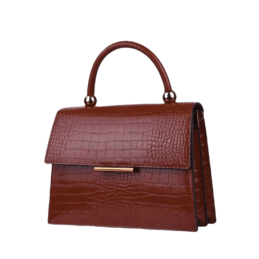 Croco PU ladies handbag with metal bar on the flap and contrast edge painting