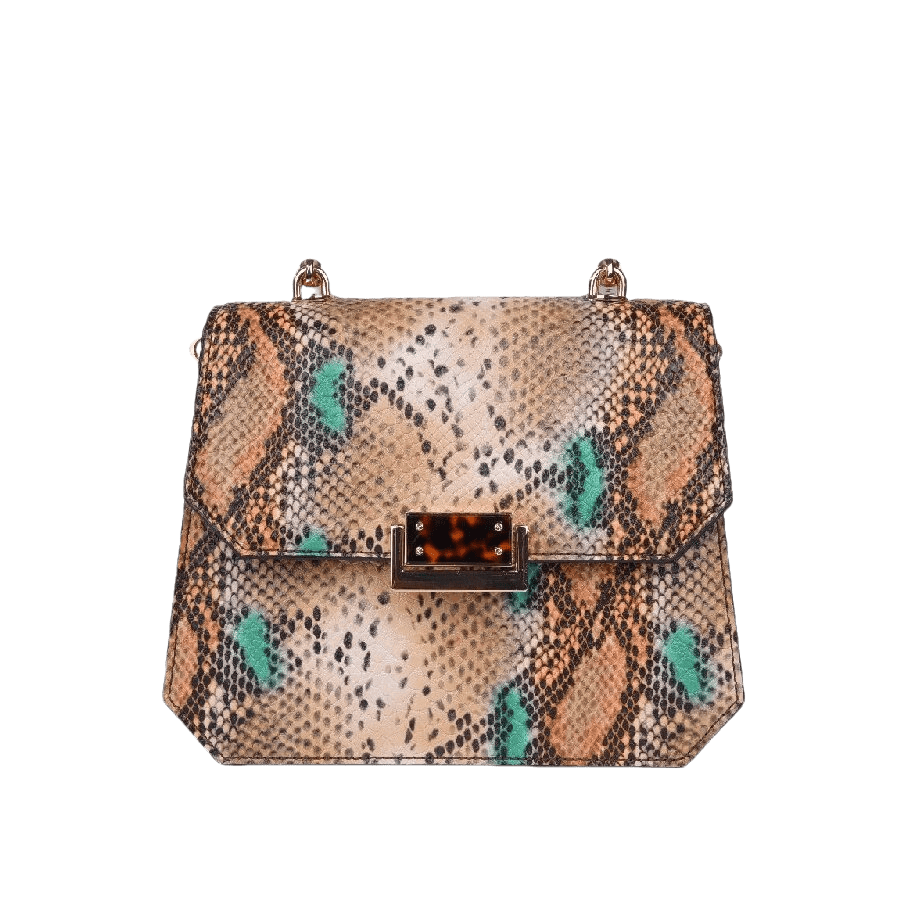 Croco PU ladies handbag with enamel lock closure and metal tab of handle and shoulder strap