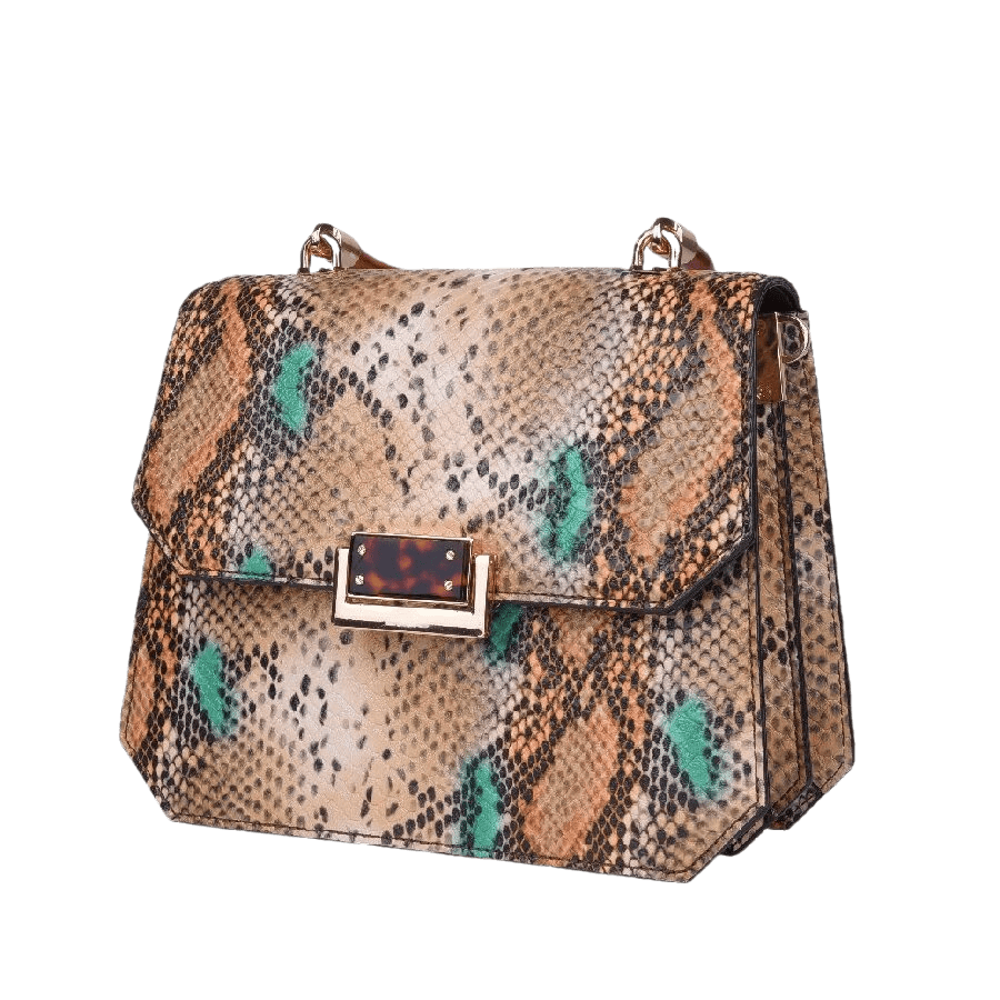 Croco PU ladies handbag with enamel lock closure and metal tab of handle and shoulder strap