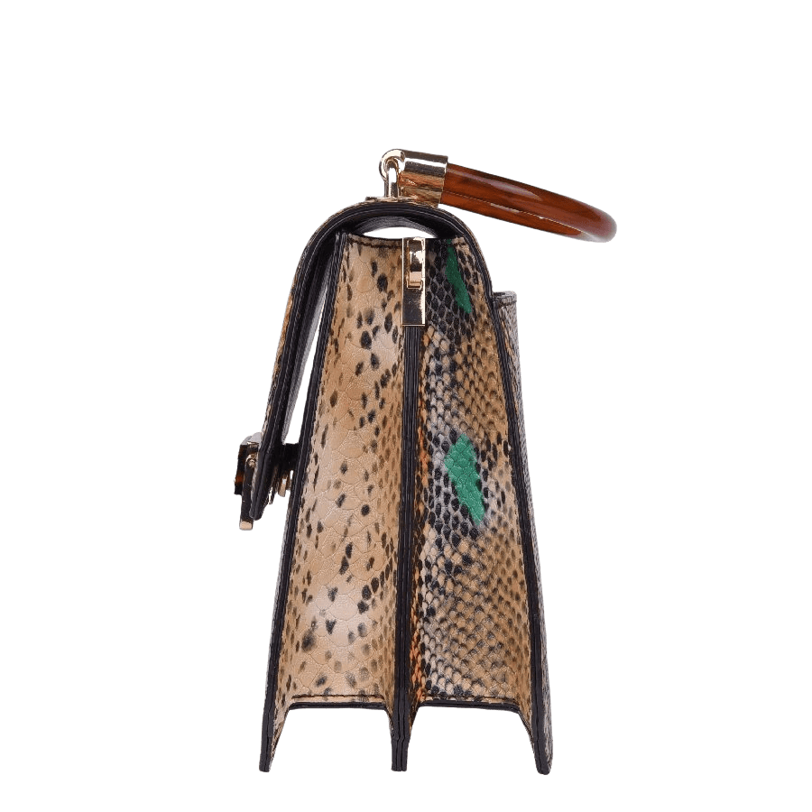 Croco PU ladies handbag with enamel lock closure and metal tab of handle and shoulder strap